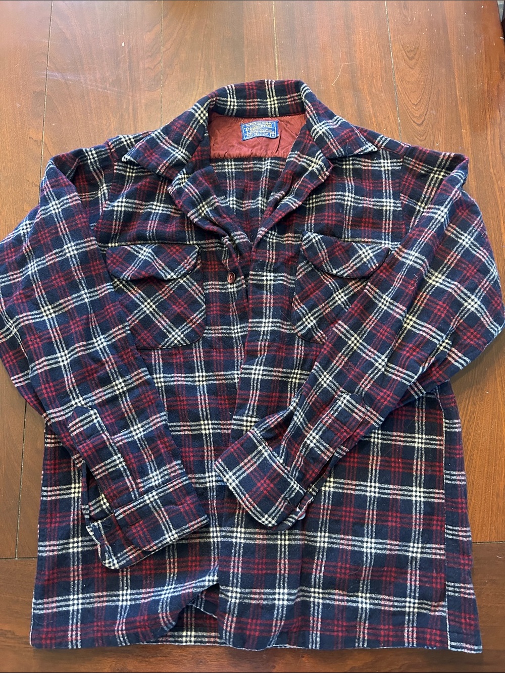 Vintage Wool Plaid Button-Up Shacket - Navy & Burgundy